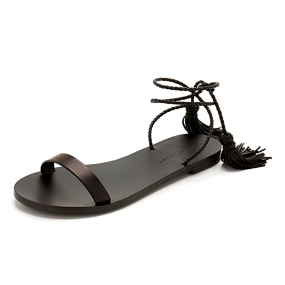 Jenni Kayne braided leather ankle tie tassel sandal black 7